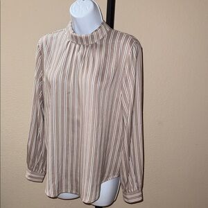 Ann Taylor Striped Tan White Black Mock Neck Long Sleeve Blouse Women’s Size XS